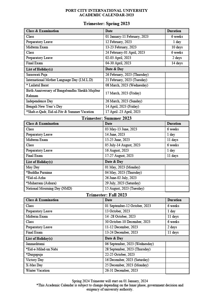 Academic Calender - PCIU